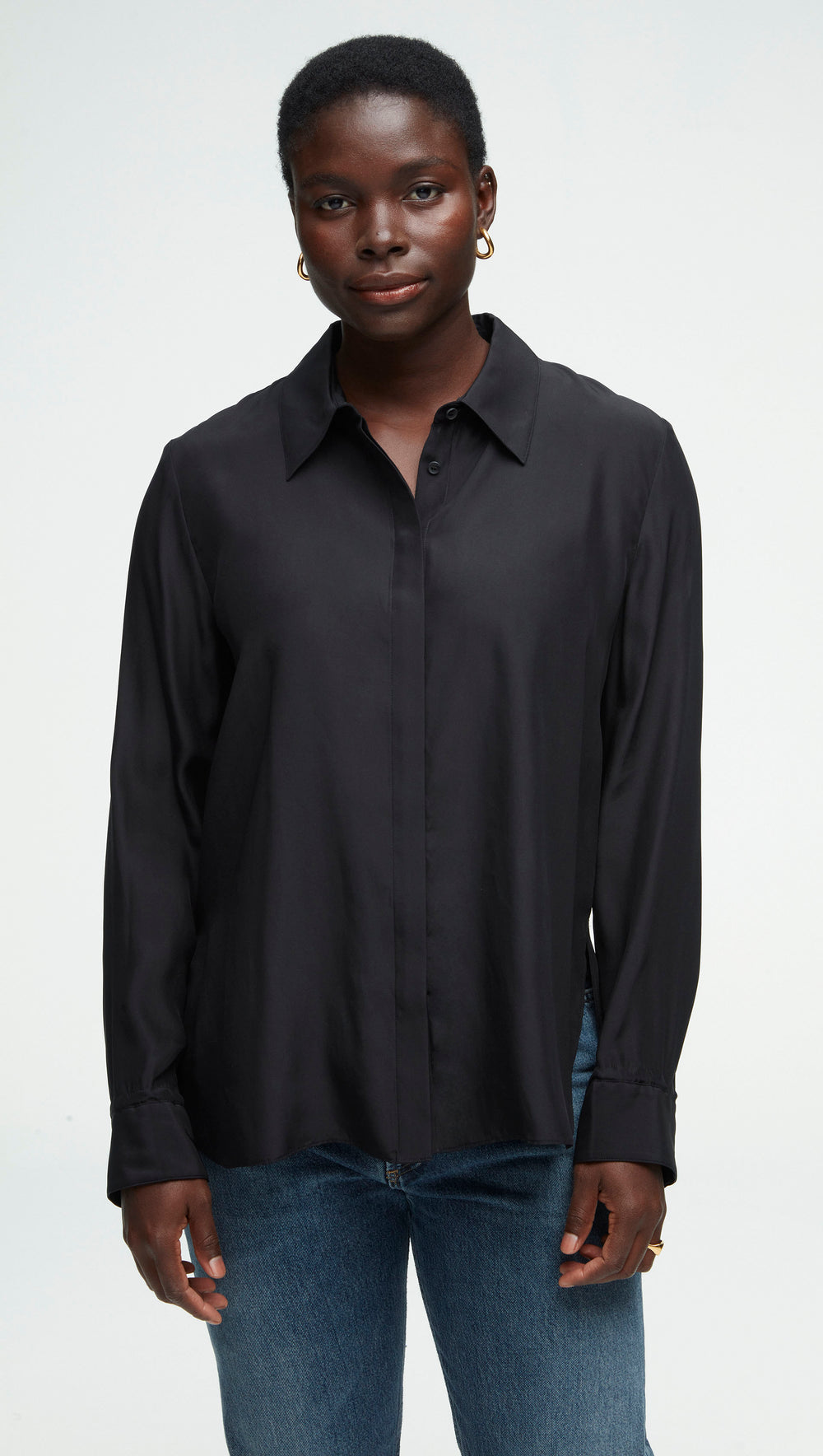 Collared Shirt in Matte-side Silk Satin | Black
