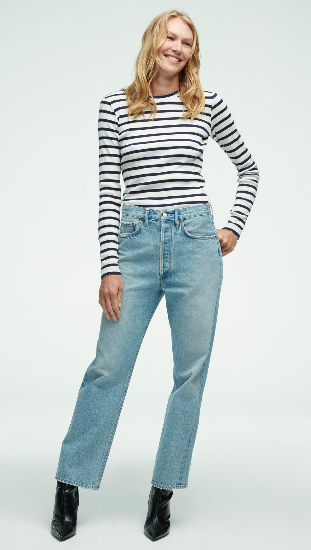Striped Longsleeve Tee in Ribbed Cotton | Ivory/Navy