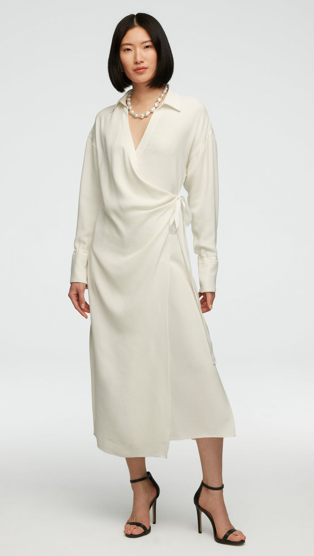 Draped Shirt Dress in Viscose Wool Crepe | Ivory