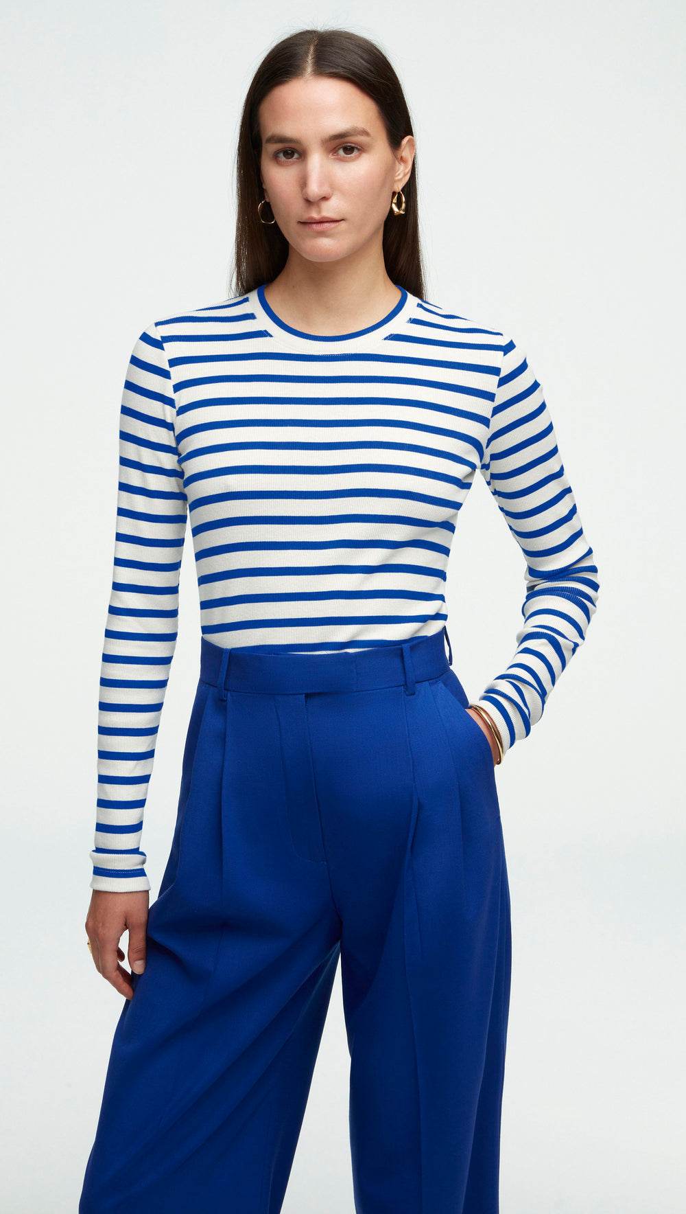 Striped Longsleeve Tee in Ribbed Cotton | Ivory/Cobalt