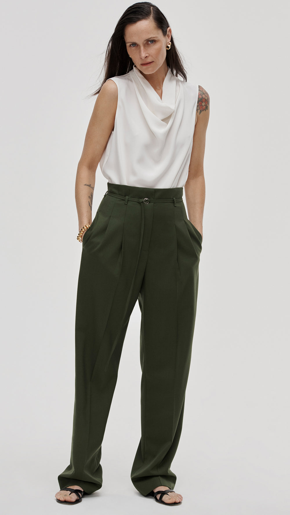High-Waisted Belted Trouser in Seasonless Wool | Olive